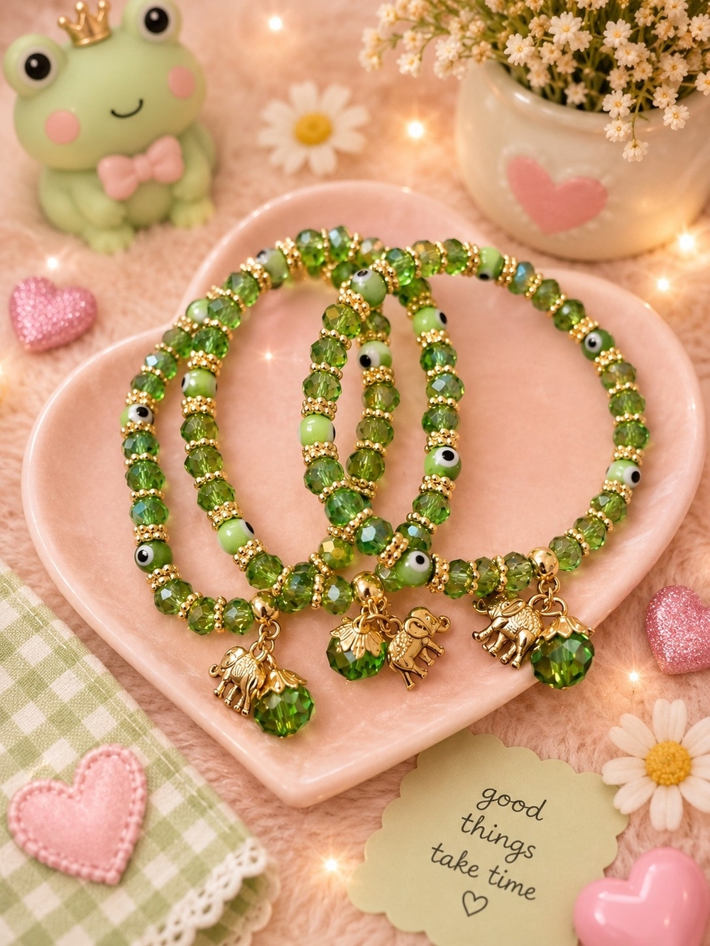 3 Gold Charm Green Beaded Stretch Bracelet Set - Women Jewelry